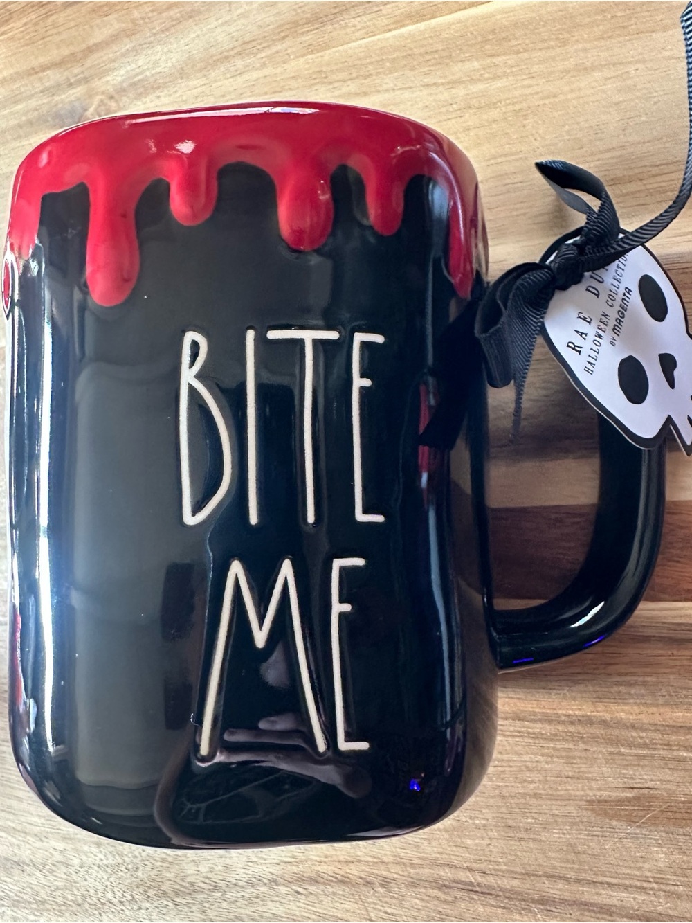 Rae Dunn Black Ceramic Mug with Red Drip "BITE ME"